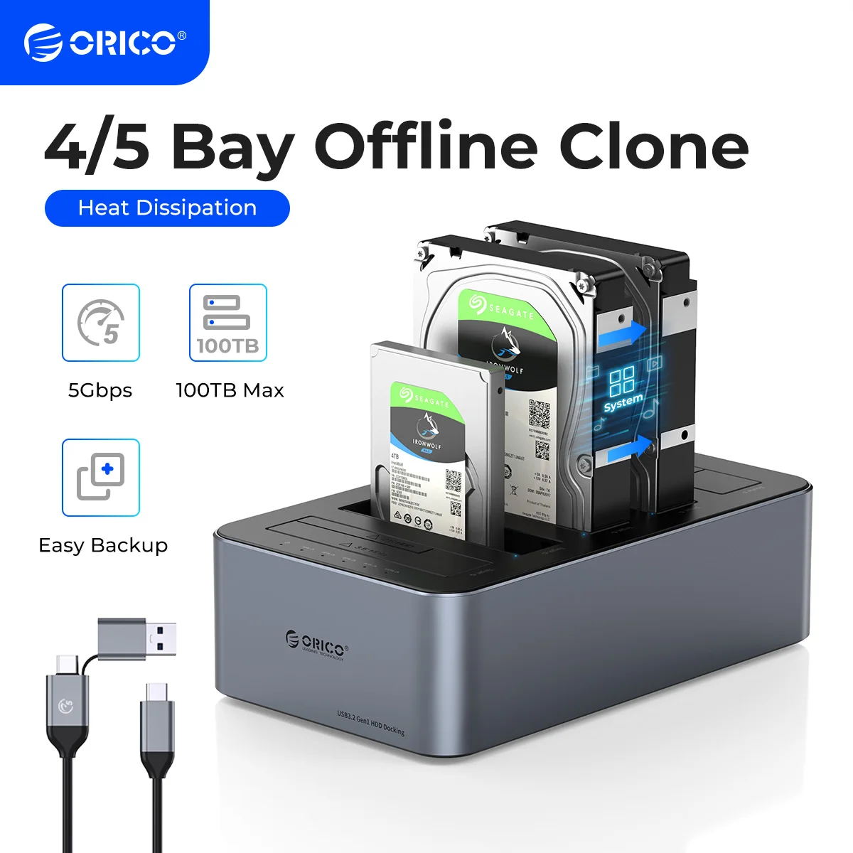 ORICO Type-C 5Gbps 4/5 Bay HDD Case Hard Drive Station Aluminum with Offline Clone 2.5/3.5