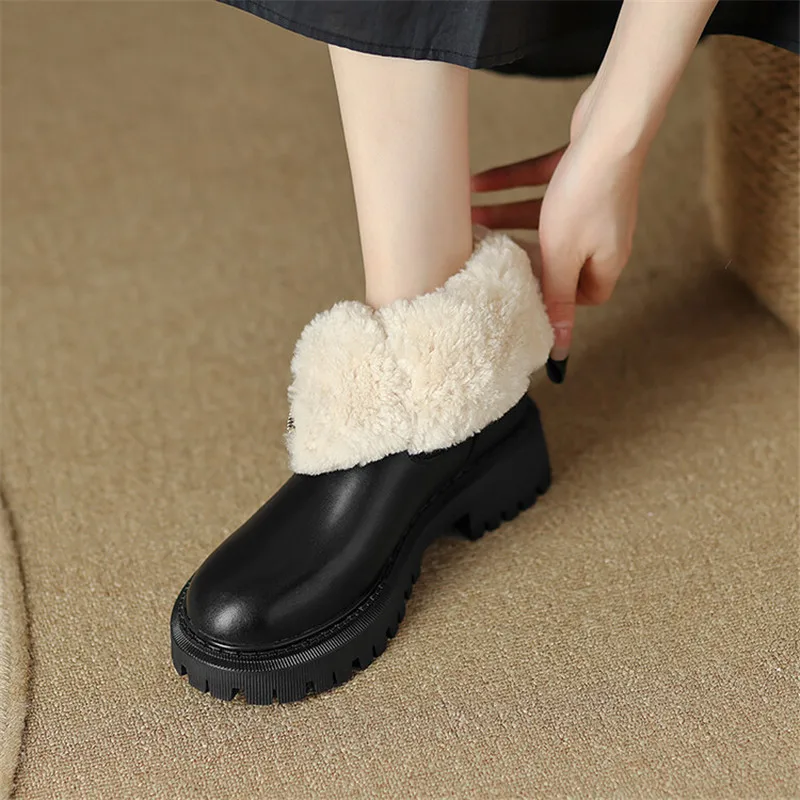 New Split Leather Platform Boots Women Round Toe Lamb Hair Short Boots for Women Winter Women Boots High Heels Ladies Shoes