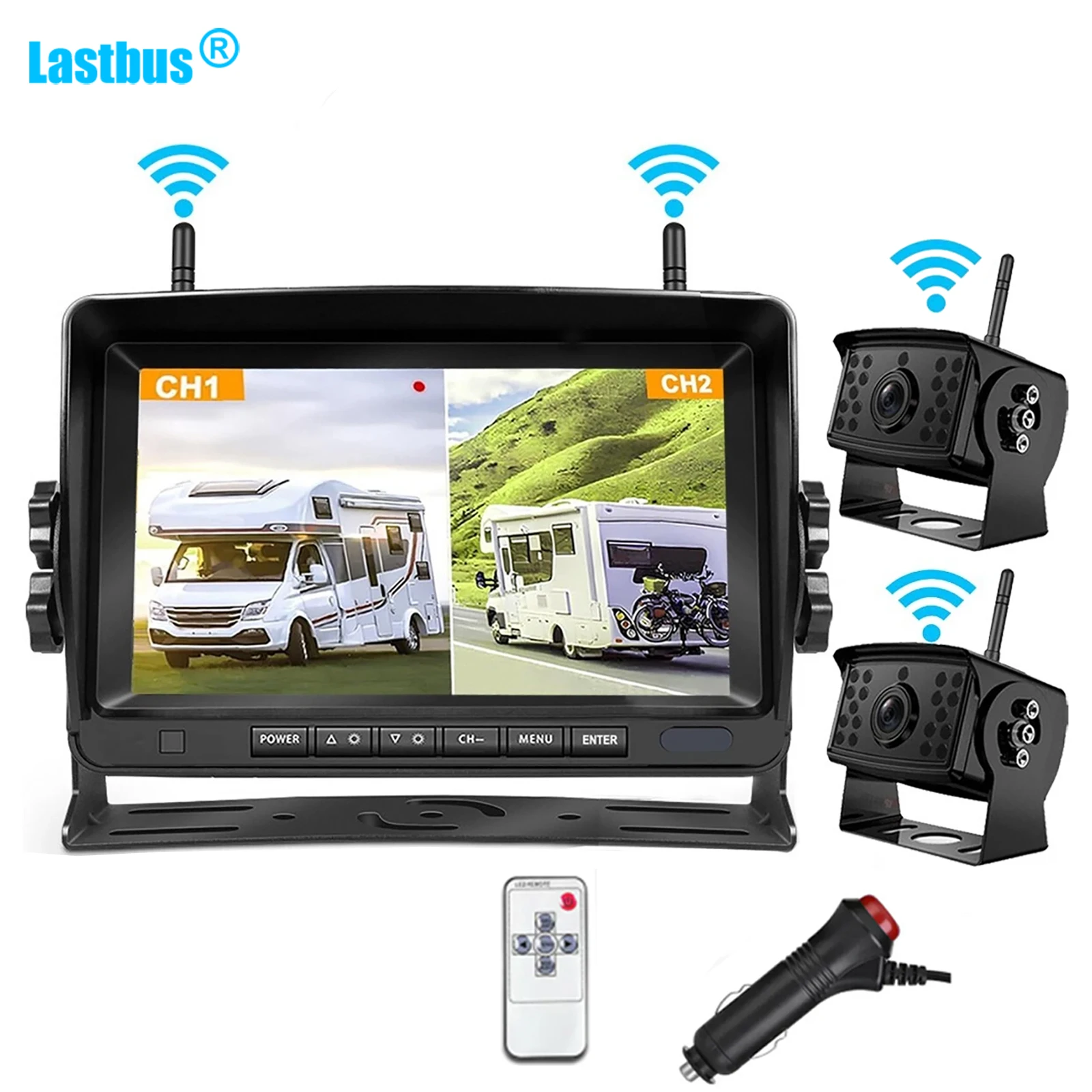 

Lastbus 2x AHD Wireless Reversing Backup Camera 7" Quad DVR Split Monitor for Truck/Bus