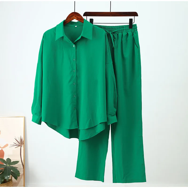 Women's Elastic Long Wrinkled Shirt Wide Leg Pants Set Ladies Fashion Casual Two Piece Set Wide-leg Trousers and Shirt Outfit