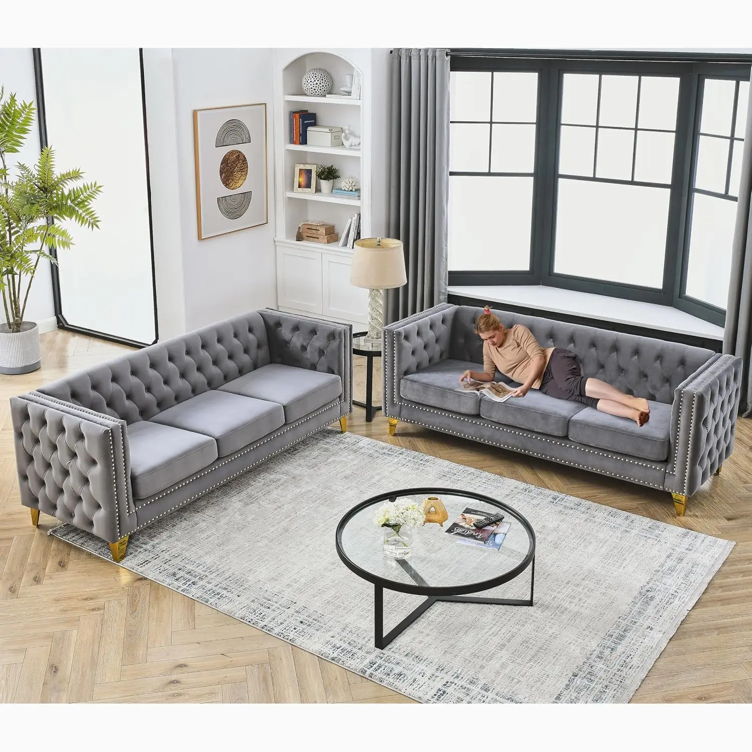 Grey Velvet 3-Seater Sofa Set, Button Tufted Square Arm, Gold Nail Heads & Metal Legs for Living Room, Customized