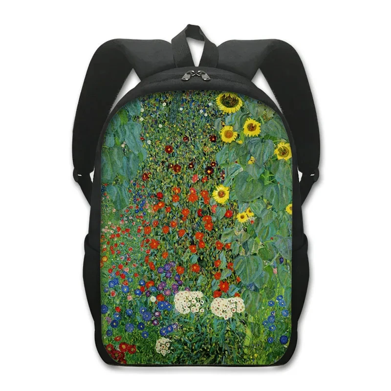 Famoso óleo pintura saco de escola, lágrimas beijo lírios estrelado noite mochila, Gustav Klimt Claude Monet Van Gogh estudante mochila