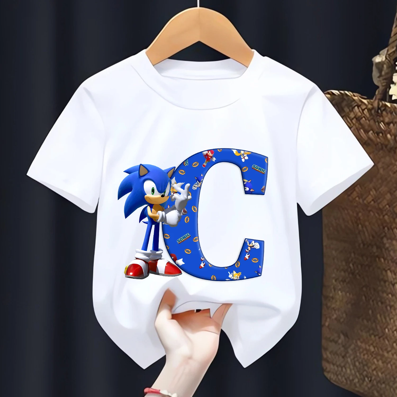 Koszulka Sonic dla dzieci Litery A-Z Tee Top Cartoon Boys Odzież Moda Biały Krótki Rękaw Dzieci Anime Luźna Odzież Prezent