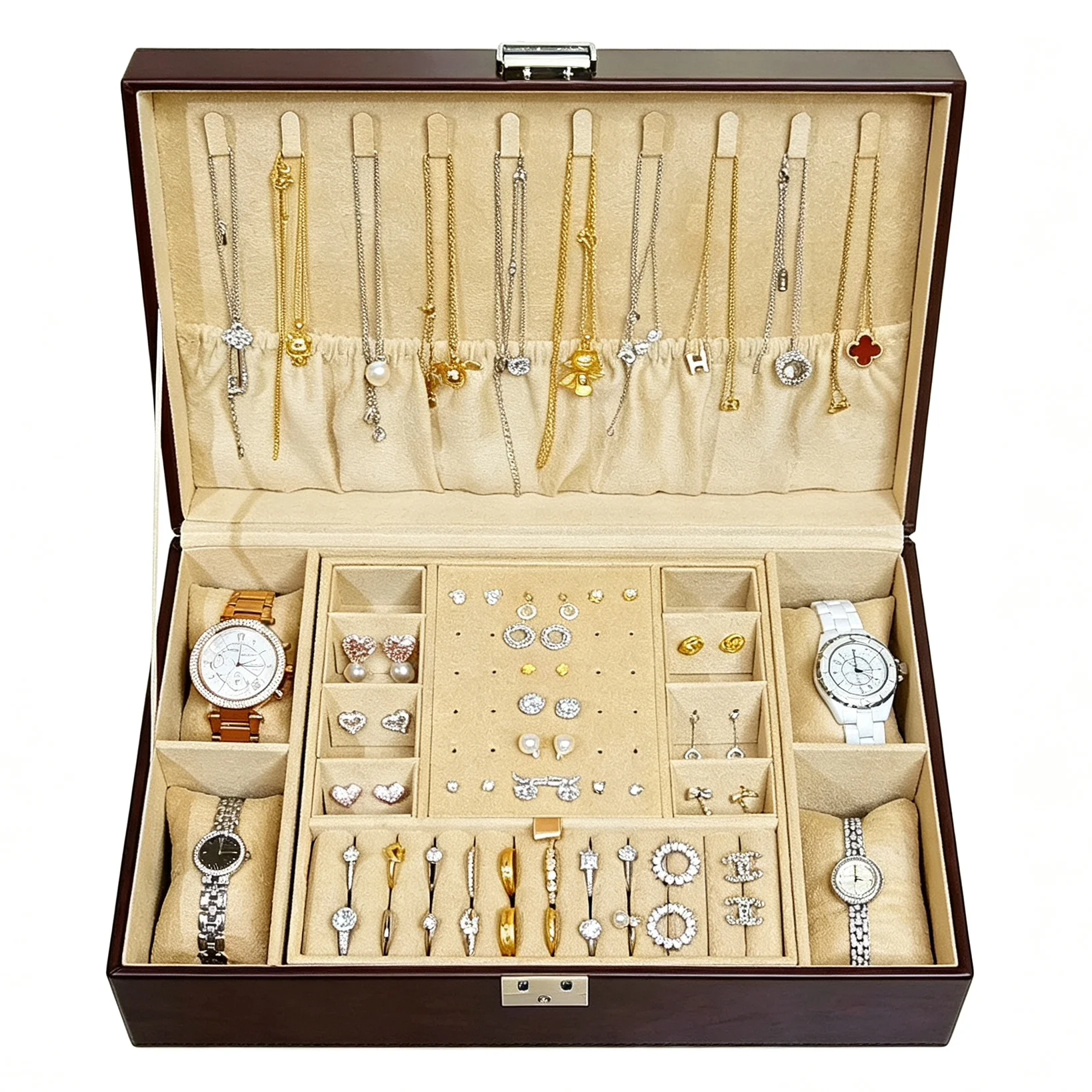 Jewelry Box with Lock for Necklace Ring Bracelet Earring Ear Stud Storage Organizer Double Layer Velvet