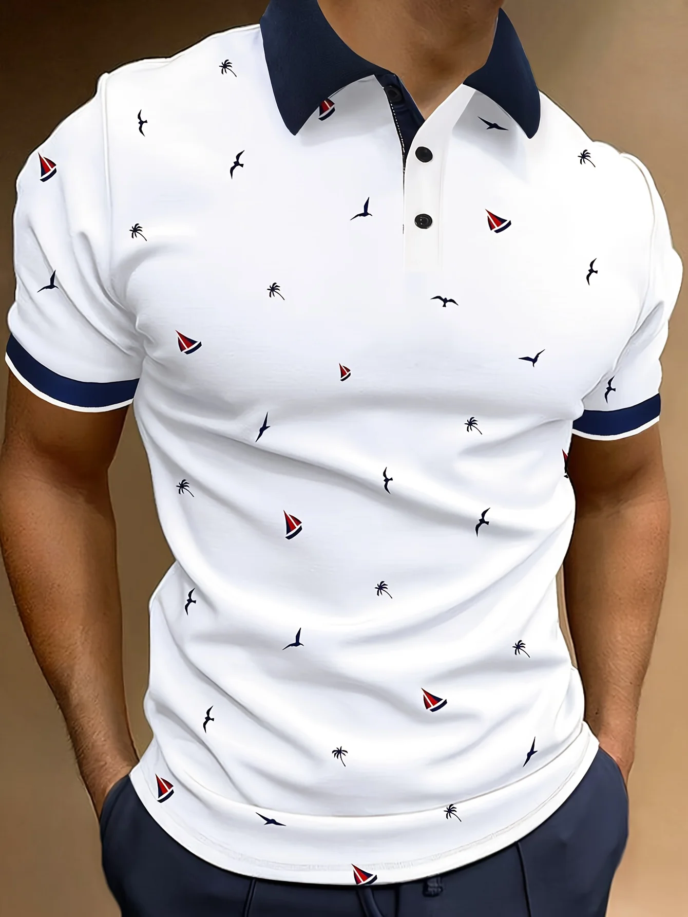 Men\'s Contrast Collar Design Short Sleeve Lapel Golf Shirt Short Sleeve Printed Button Clothing Fashion Design Casual Breathable