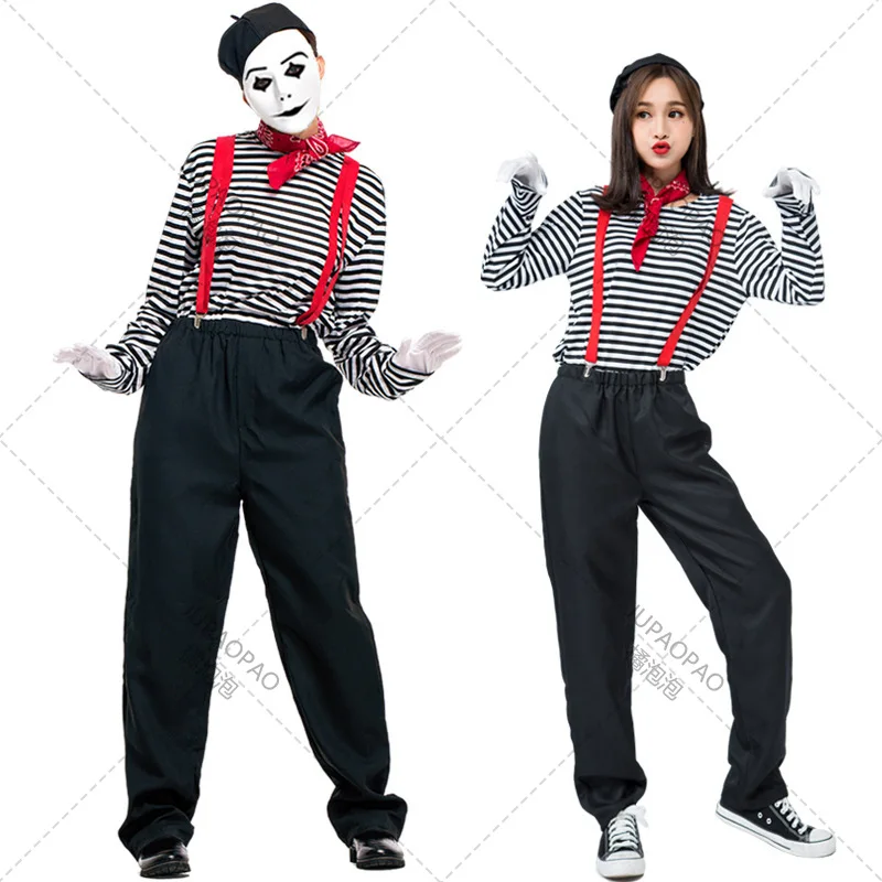 Mime Caper、カップル、ピエロのコスチューム、男性と女性のゲームコスチューム、日本のハロウィーンのコニカルパフォーマンスコスチューム、jepao