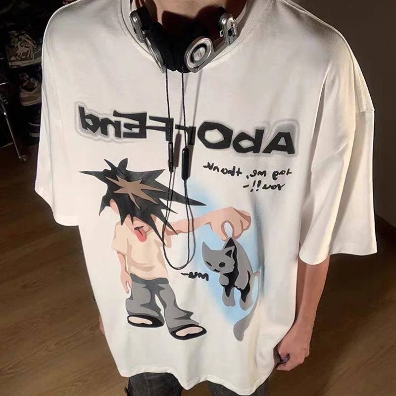 American Street Fun Cat Print Short Sleeve Shirts Loose T-Shirts for Men and Women Trendy Y2K Clothes Hip Hop Shirts for Women