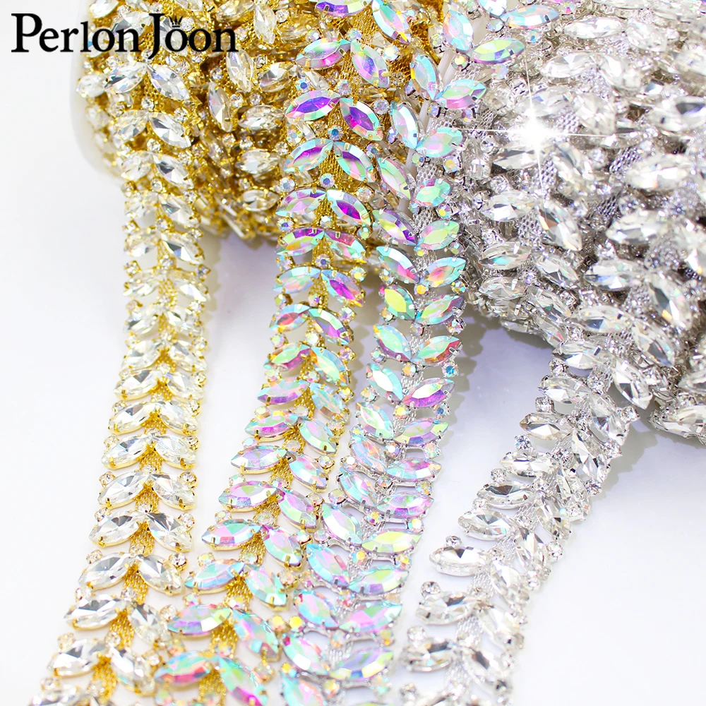 1 yard Flashing crystal leaves glass wedding shoes bags decorative accessories AB Rhinestone trim chain ML173