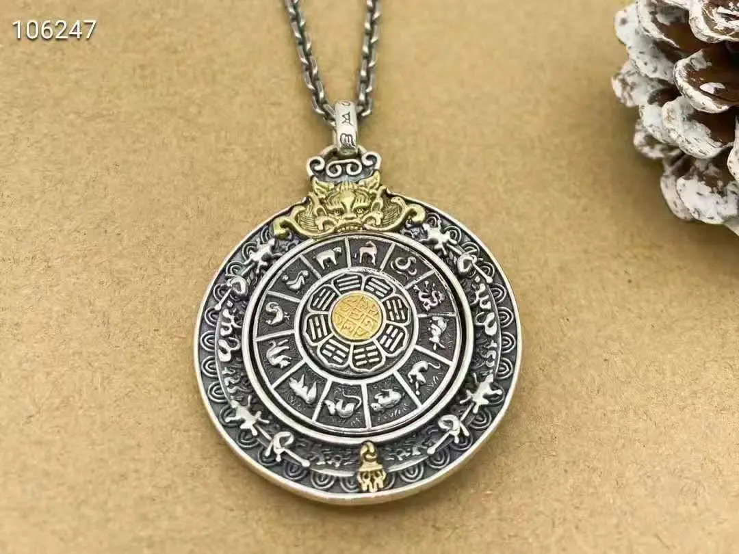 Men and women's pure silver rotating Nine Palaces and Eight Trigrams pendant with retro wholesale silver jewelry and personalize