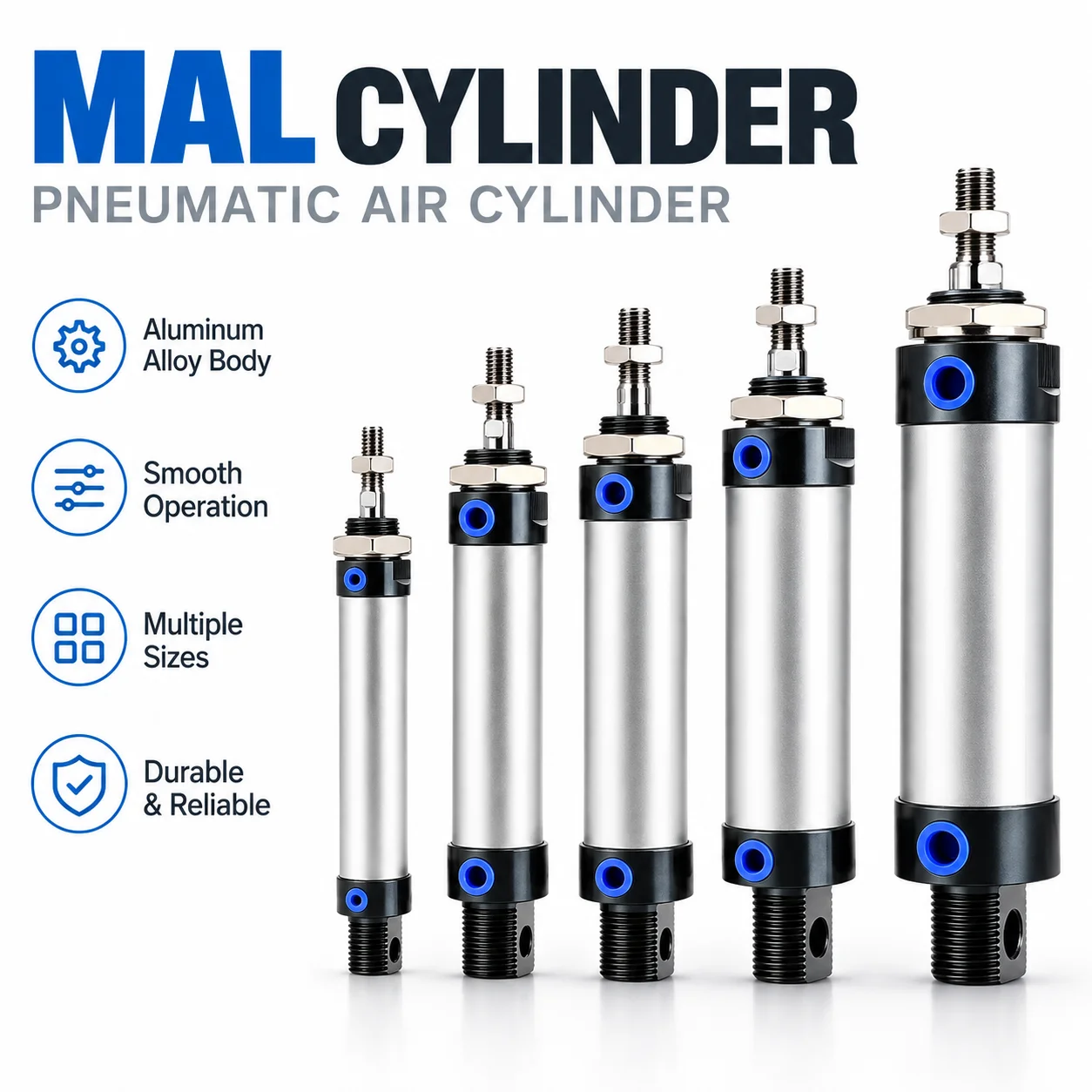 MAL Series Mini Pneumatic Cylinder 16/20/25/32mm Bore 25/50/75/100/125/150mm Stroke Double Acting Aluminum Alloy Air Cylinder