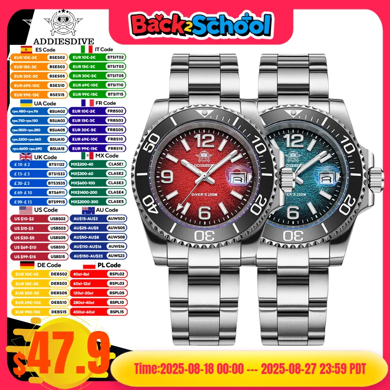 ADDIESDIVE 41mm Men Diving Watch AD2513 200M Waterproof BGW9 Super Luminous Sport Luxury Watch Reloj Hombre Quartz Men Watch