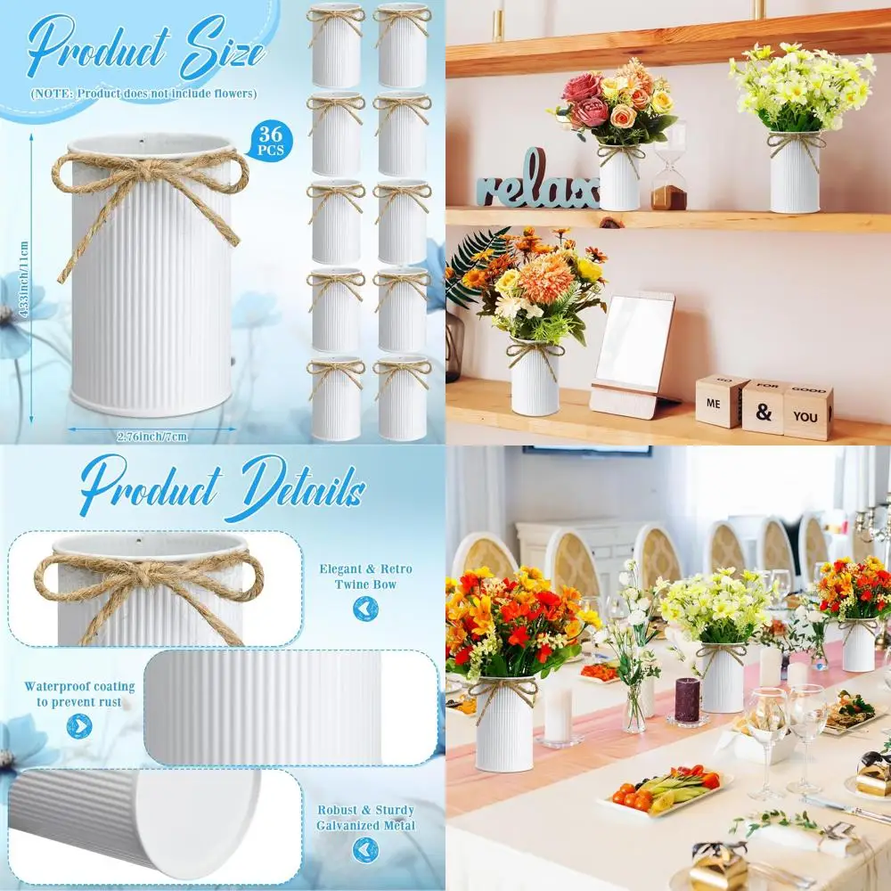 

Petite 4.33 Vintage Farmhouse Vase Set, 36 White Galvanized Metal Buckets with Twine Bow, Ideal for Artificial Flowers, Table Ce