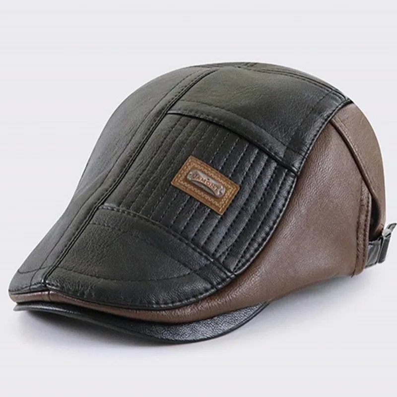 Gorra Newsboy ajustable de cuero PU para hombre, gorro plano de puntada de contraste, boina de cuero, Gatsby, sombrero de pesca para conducir