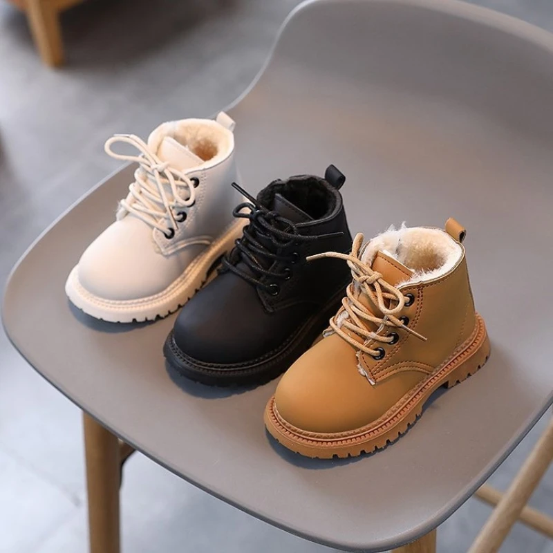 Children Fashion Boots Winter Waterproof Girls Toddler Shoes Kids Leather Snow Shoe Non-slip Plush Warm Baby Boys Ankle Boot