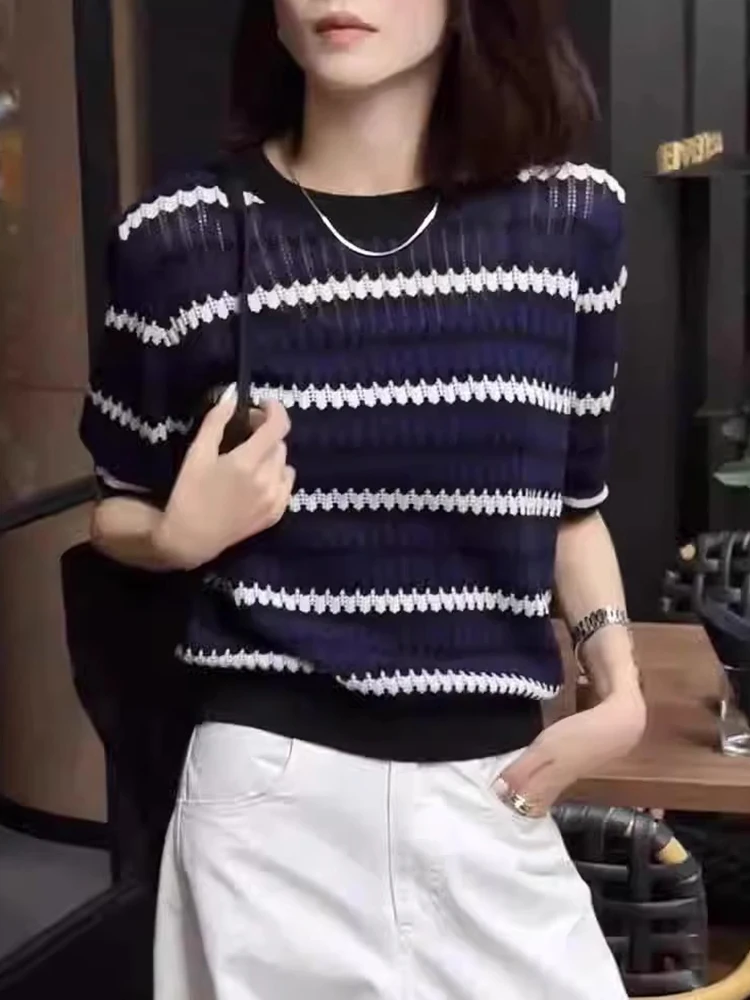 

Стильная вязаная футболка с круглым вырезом и контрастными цветами, легкая, дышащая, летняя, уникальная базовая модель.