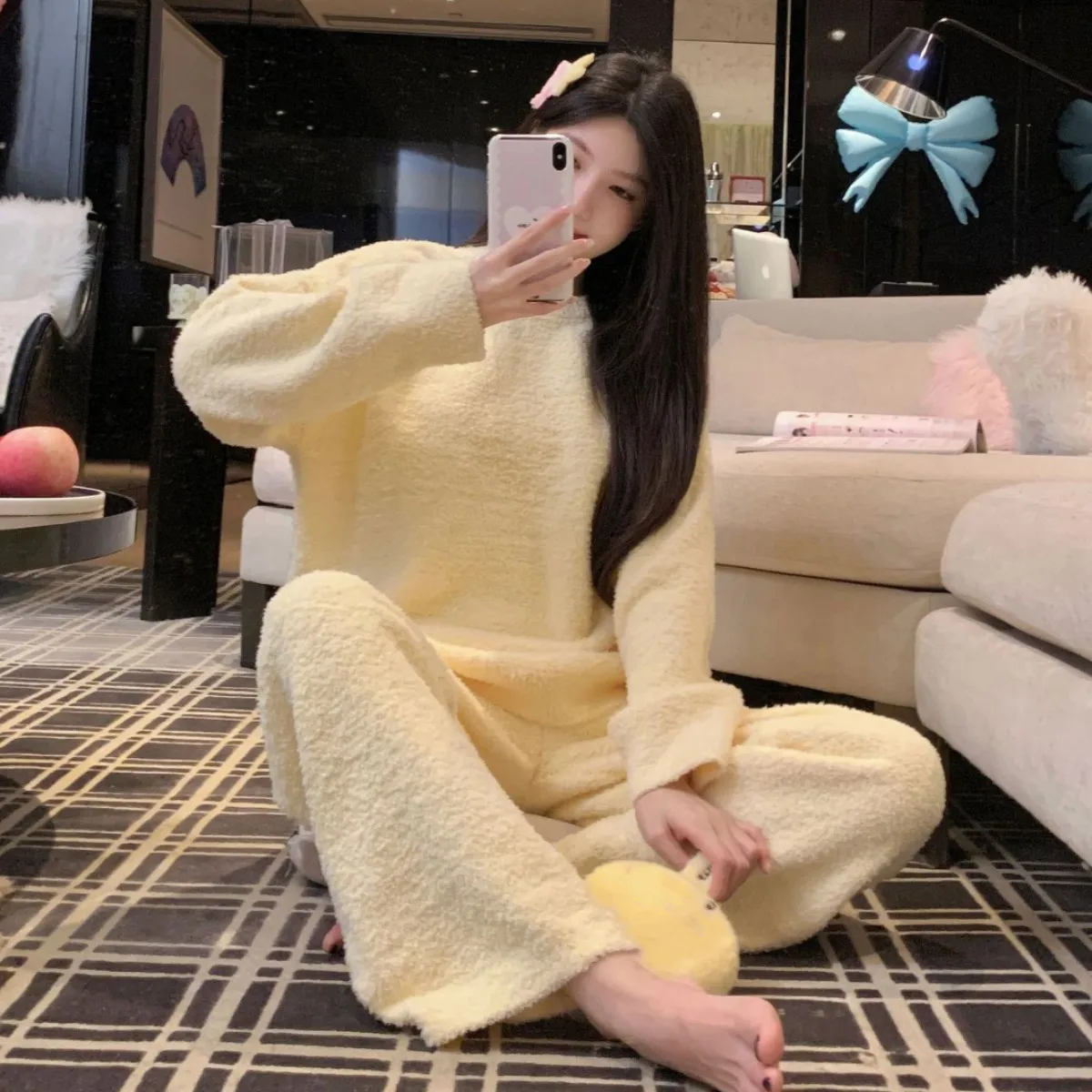 conjunto-de-pijamas-amarillos-de-otono-ropa-de-dormir-calida-de-lana-de-franela-ropa-bonita-para-el-hogar-para-mujer-pijama-de-manga-larga-prendas-de-vestir-de-invierno-ropa-de-descanso