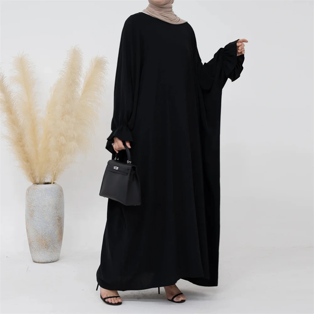 Modest Butterfly Jazz Crepe Abaya EID Ramadan Dubai Islamic Clothing Traditional Muslim Prayer Dresses Abaya with Ruffle Sleeve