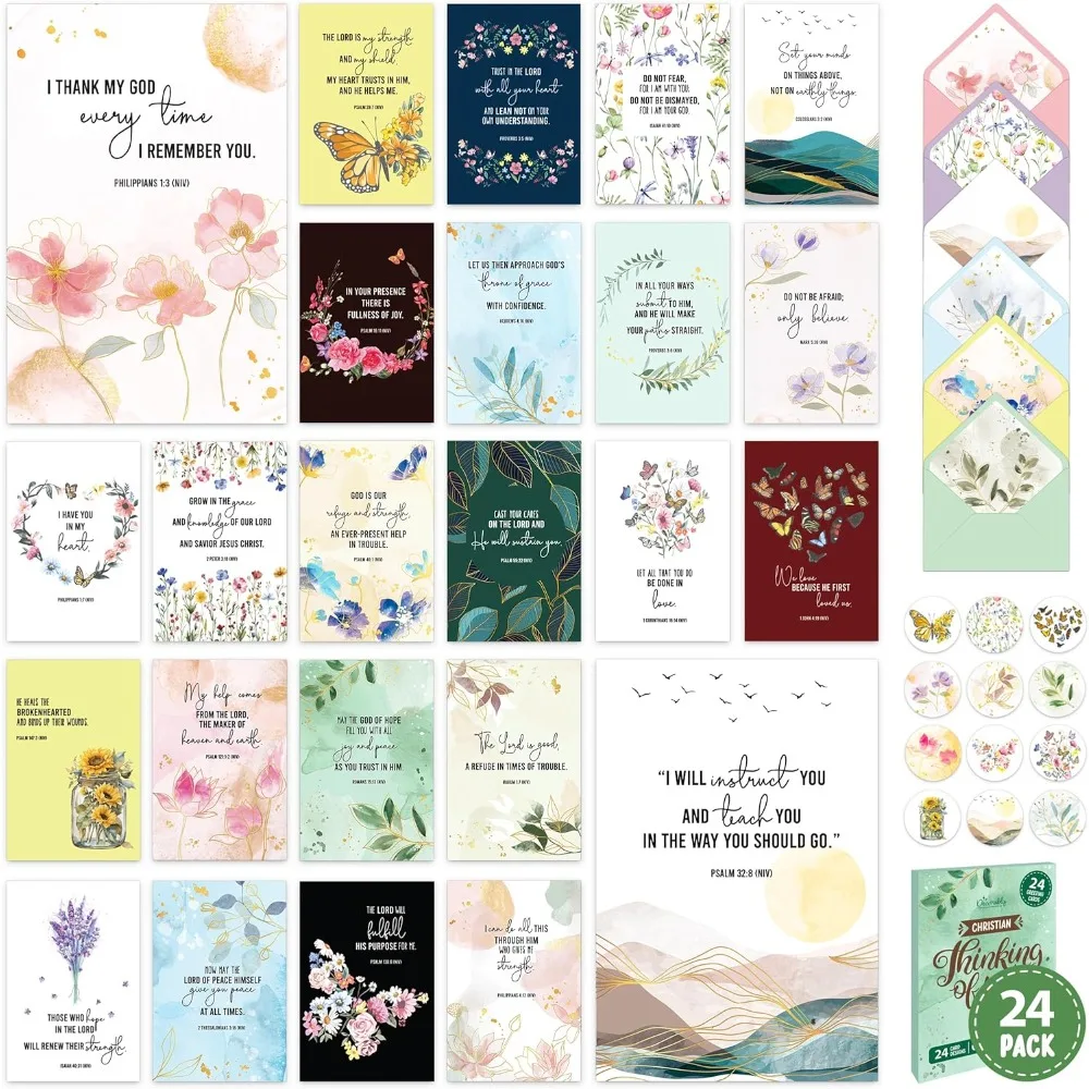 

24 Pack Gold Foil 4x6in Assorted Christian Thinking of You Cards Religious with Envelopes & Stickers, 24 Floral Design