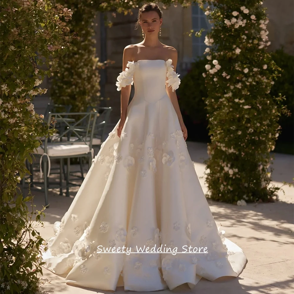 Customized Wedding Dress New Arrival Off The Shoulder Strapless handmade Flowers Sweep Train Bridal Gown back zipper