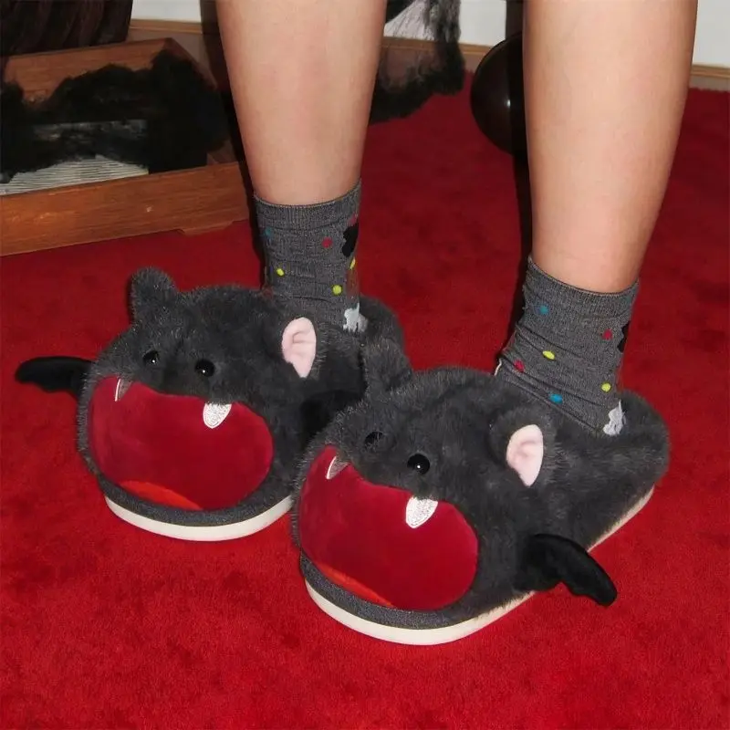 Black Winter Home Slippers For Womens Cute Cartoon Bat Women Furry Slippers Couples Warm Lightweight Soft Man Cotton Shoes view 4