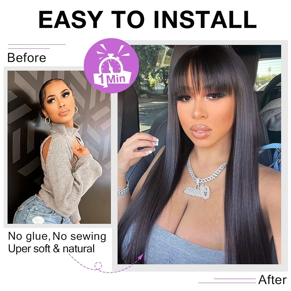 Straight Fake Scalp 100% Human Hair Wig With Bangs Natural Hairline For Women Brazilian Short Bob Wigs 30 36 Inch Fringe Wig