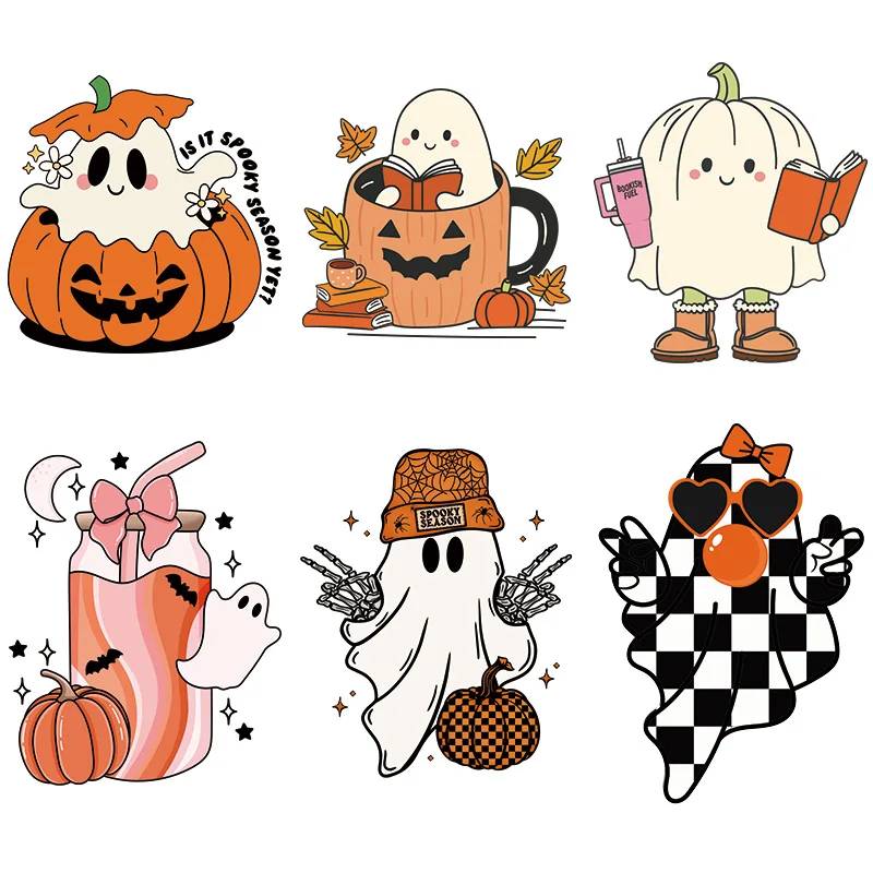 

Halloween pumpkin Ghost Heat Transfer DTF Iron On Coloful Decal Colorful Design For Clothes Tshirts Jacket Washable Patches