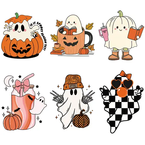 Halloween Pumpkin Ghost Heat Transfer, Design colorido para roupas, camiseta, jaqueta, patches laváveis, transferência de calor, ferro em decalque coloful