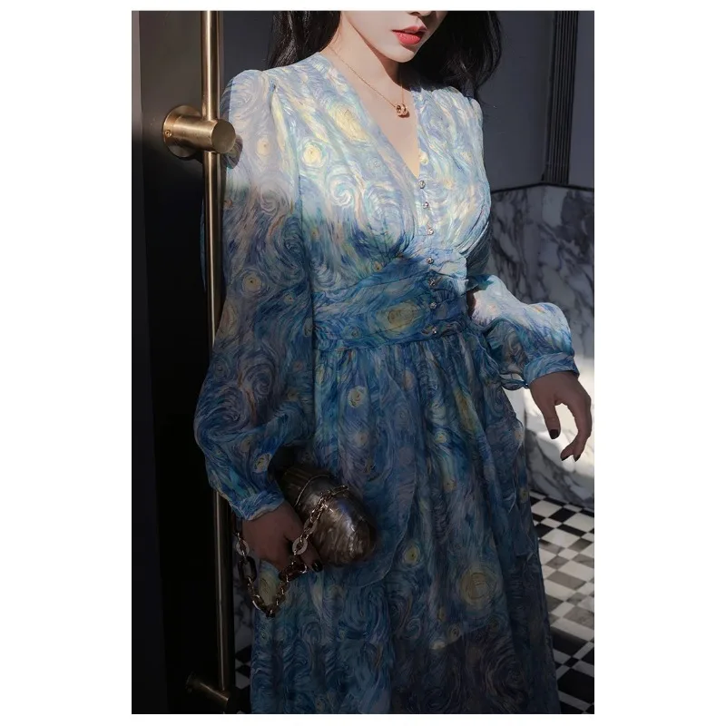 

2024 New, high quality, Van Gogh Starry Sky print, chiffon ruffled, flowy party dinner dress Women's ruffled vintage robe