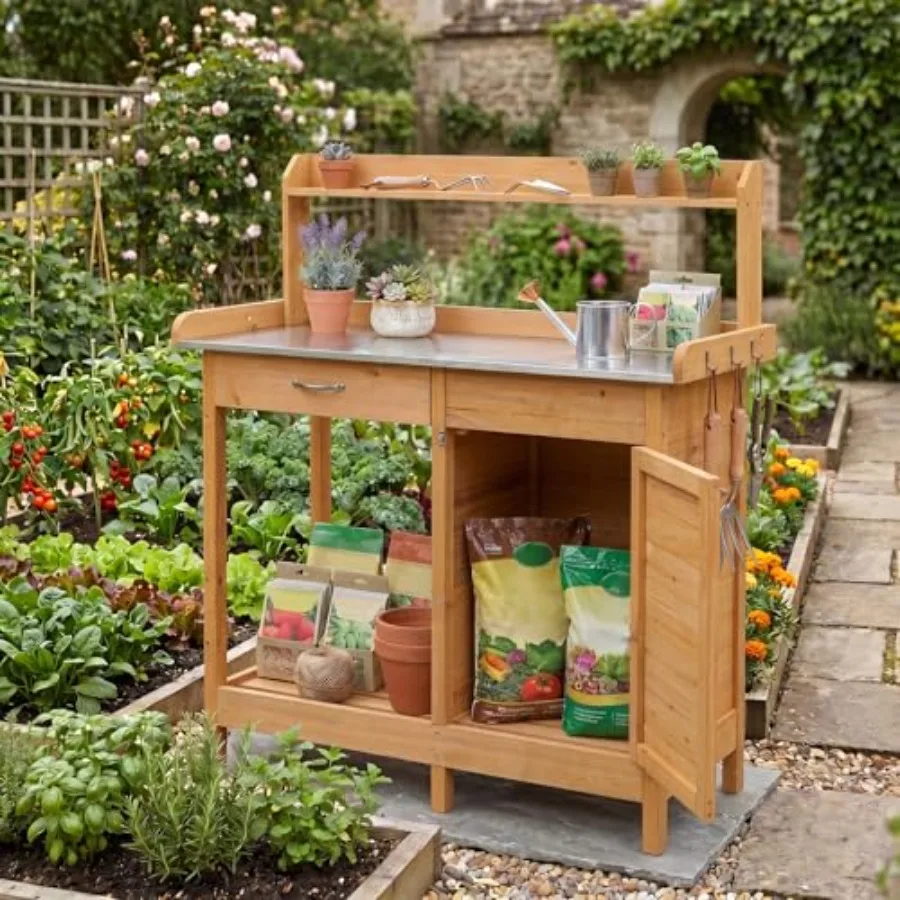 Outdoor Potting Bench Table, Wooden Garden Work Station with Drawer, Storage Cabinet, Open Shelf, Side Hooks, Metal Tabletop Ga