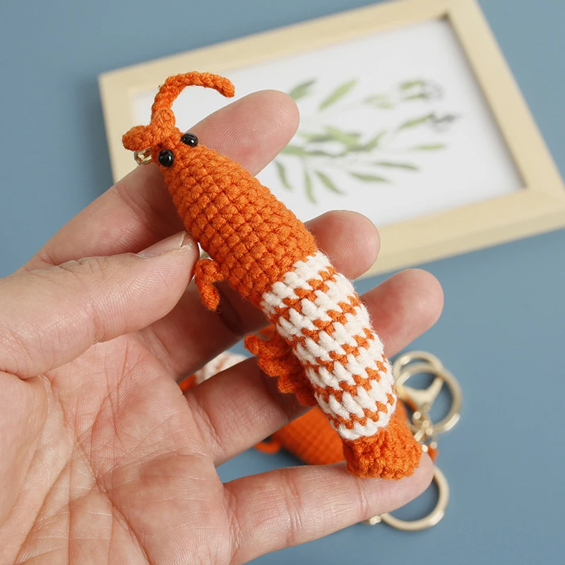 Cute Shrimp Bag Charm Keychain Cartoon Mini Handmade Knitted Car Keychain Creative Novelty Backpack Handbag Pendant Gift