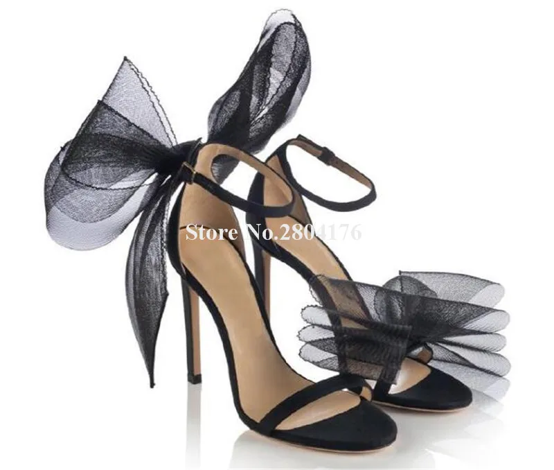 Big Bows Sandals Charming Women One Straps Black White Mesh Butterfly-knots Stiletto Heel Sandals Wedding Shoes