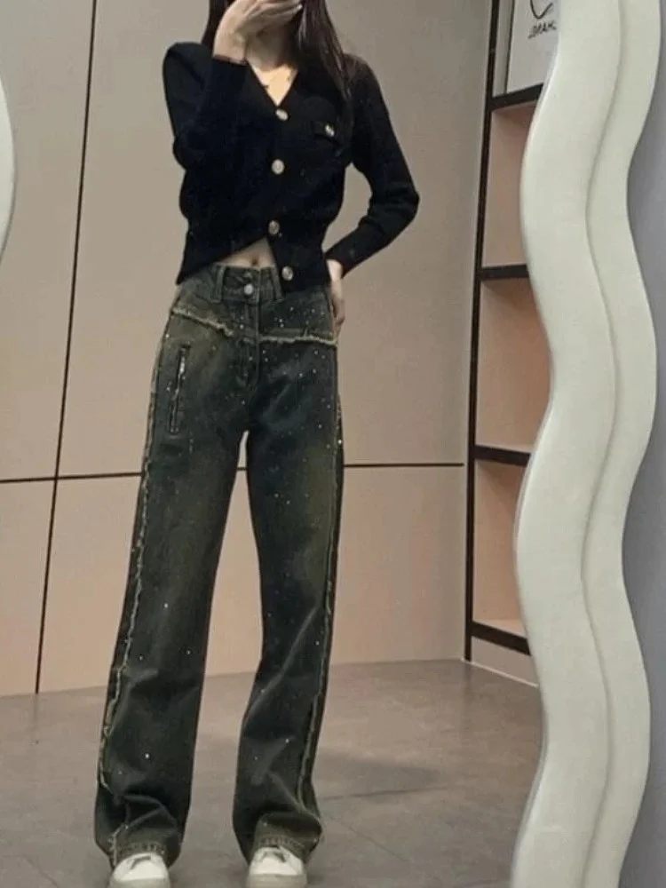 Damskie jeansy z wysokim stanem i szerokimi nogawkami, luźny krój, proste spodnie dżinsowe, jesienne modne spodnie wyszczuplające do ziemi.