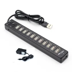 High Quality USB Hub 12 Ports USB 2.0 Hub Multi Usb Splitter Switch with EU / US Power Adapter for Macbook Air Laptop PC