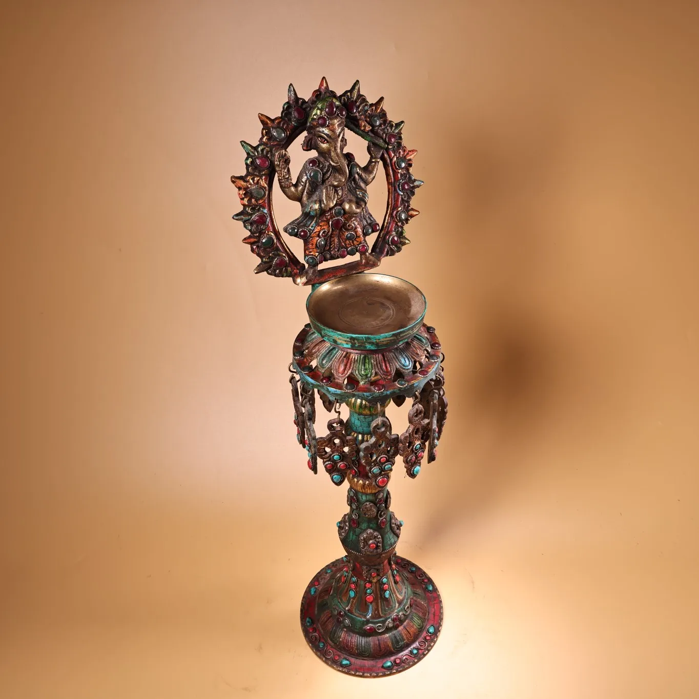 

23"Tibetan Temple Collection Old Bronze Outline in gold Mosaic Gem Turquoise Lotus Buddha Platform Ganesha Oil lamp Worship Hall