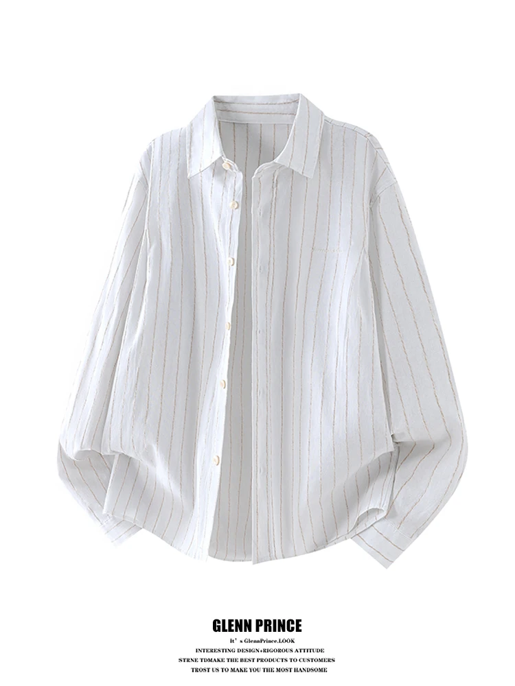 

Ретро-куртка с белыми полосками и вышивкой, мужская повседневная рубашка с длинным рукавом, для поездок на работу, большие размеры, дышащая полиэстеровая верхняя одежда