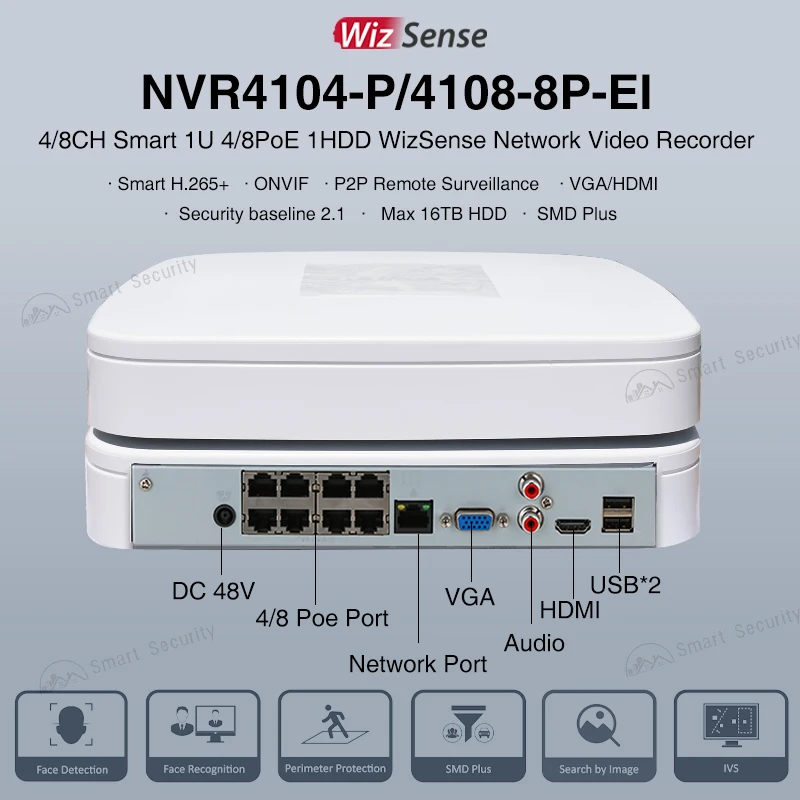 Dahua 4/8/16 CH 4/8 PoE Smart Ai Video Recorder Face Recognition WizSense Camera System NVR4104-P-EI NVR4108-8P-EI NVR4116-8P-EI