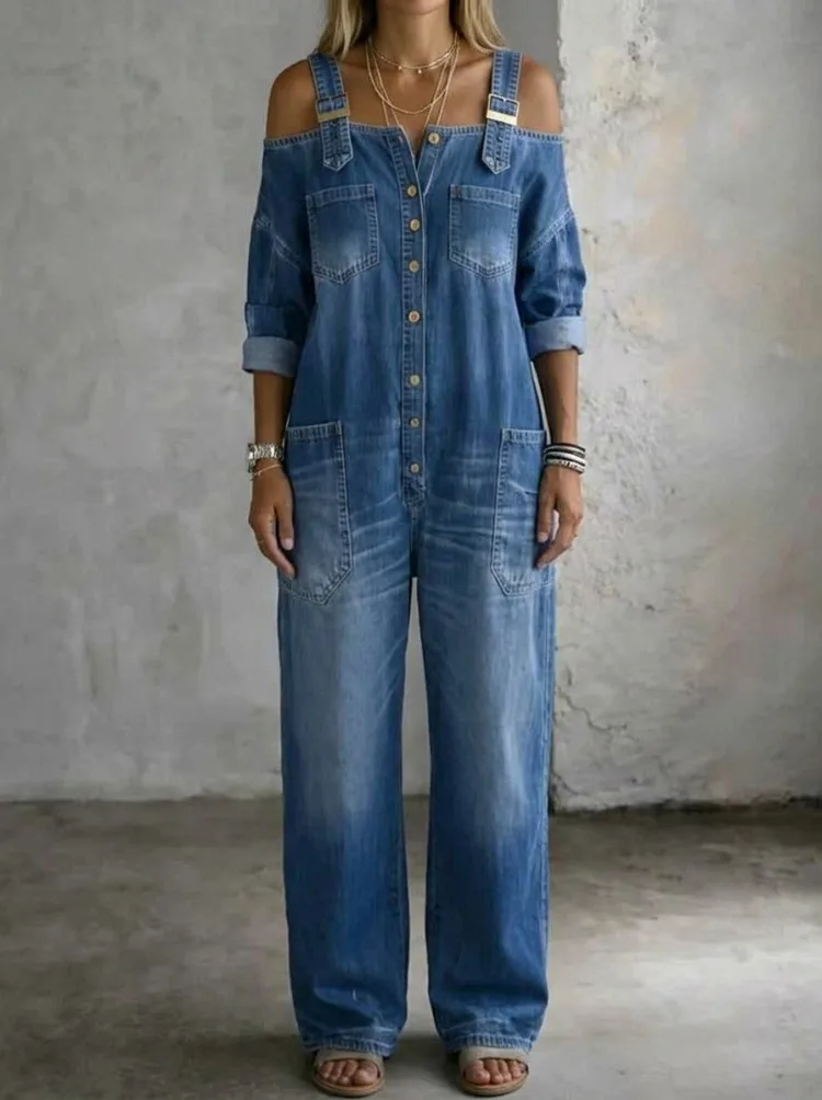 UOOZEE Women's Cold Shoulder Denim Jumpsuit Adjustable Strap Button Front 3/4 Sleeves Loose Wide Leg Casual Streetwear Romper