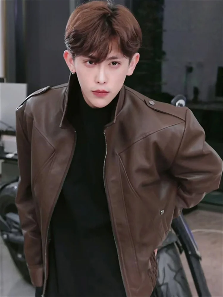 

Trendy Brown Leather Jaet Men's 2025 New Spring Autumn Winter High-End Sli Cool Looking Coat Men's Faion Urban Outfit