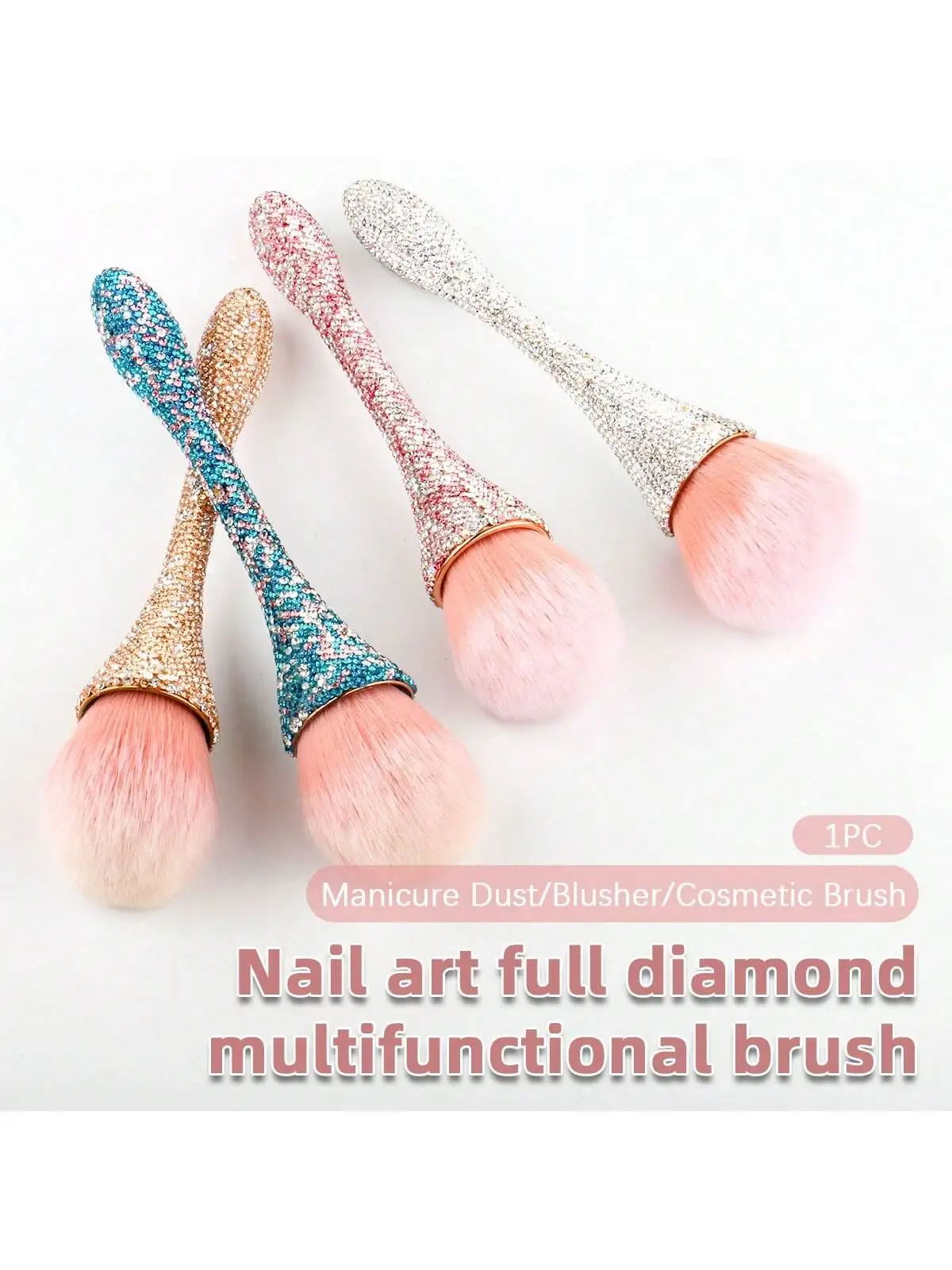 1pc Nail Dust Brush Rhinestone Bling Handle White For Acrylic Nail Art Cleaning Brush Manicure Tool