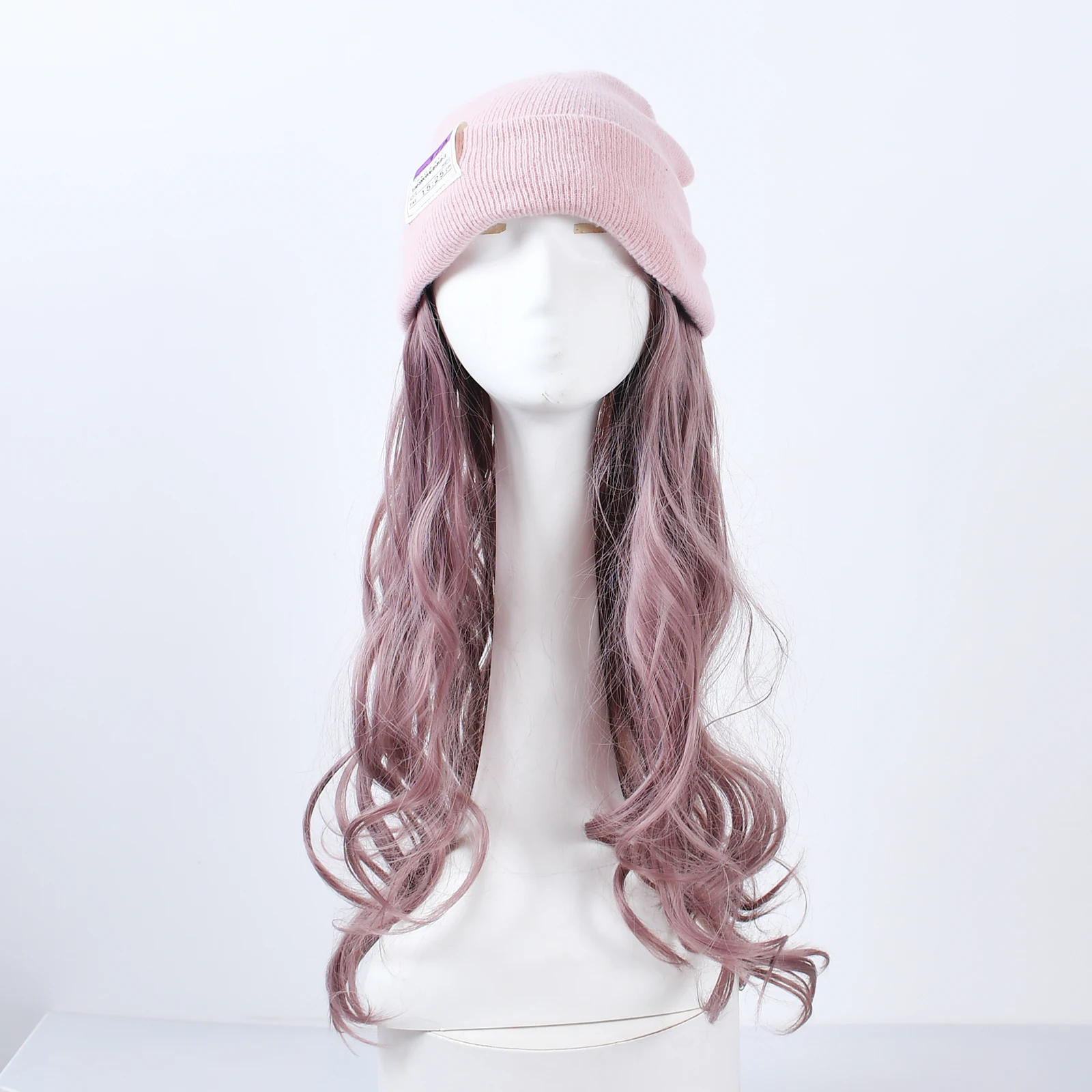 Beanie Hat With Wig Knit Cap Wig Long Water Wave Synthetic Hair Wig For Women Winter Warm Hat Wig