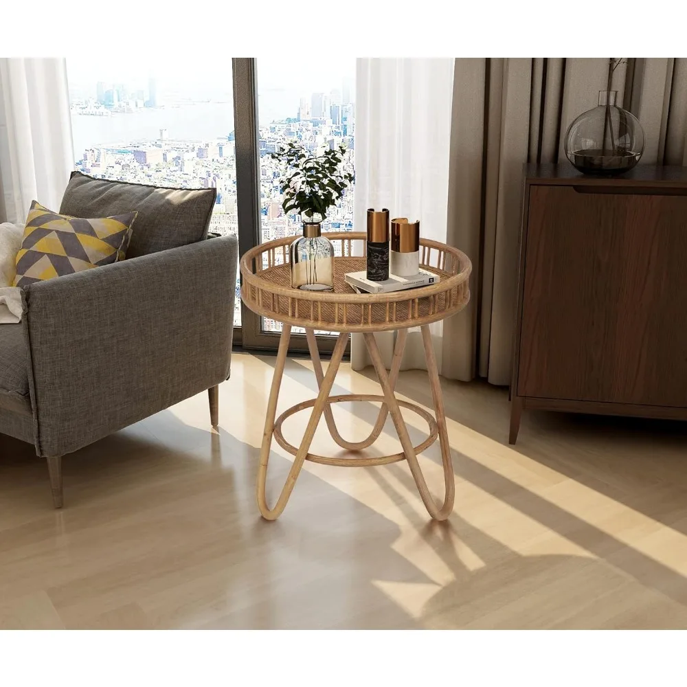 

Coffee Tables, Wicker Tray Top, End Table Small Round End Table with Hairpin Legs, Coffee Table Set for Living Room Bedroom