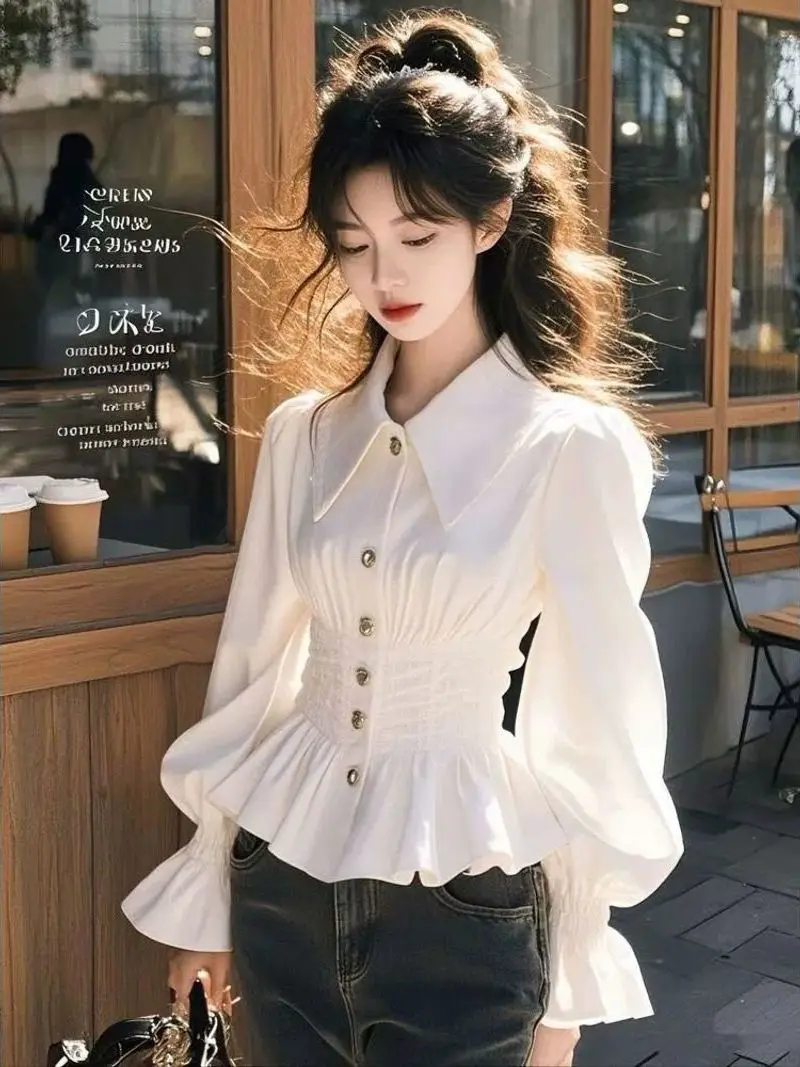 

Ele White Long Sve irt Women's Faion Slim Fit Sweet Sle Spring Autumn Top High Quali Ladies Premium irt