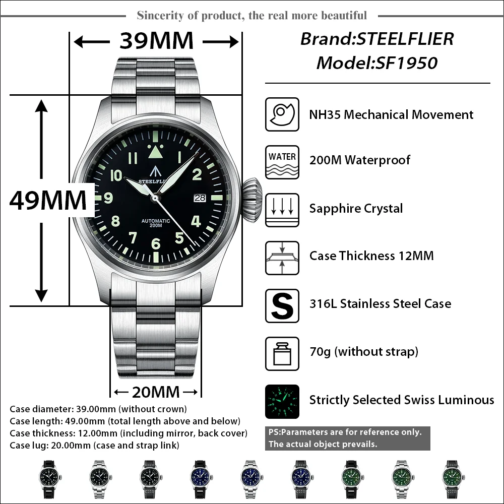 STEELFLIER SF750 Mechanical Watch NH35 Movement Sapphire Mirror Swiss Luminous 200M Waterproof Luxury 316L Stainless Steel Pilot