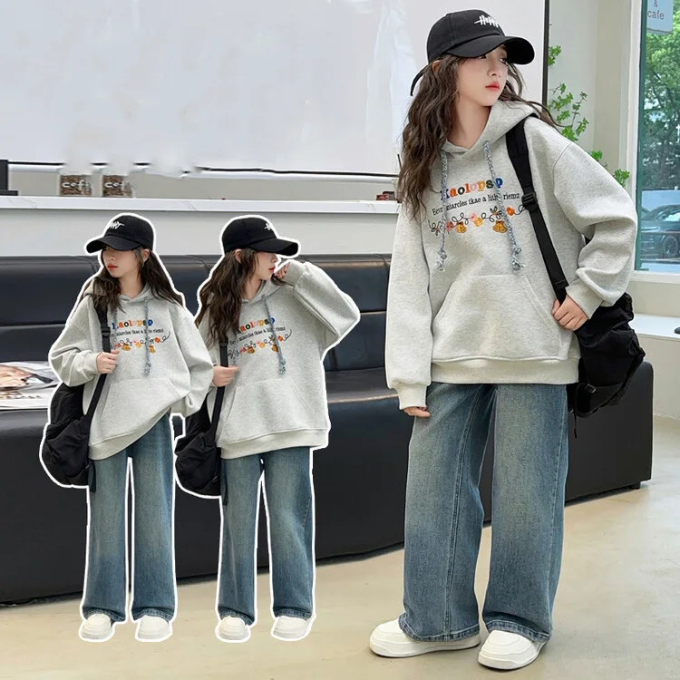 

Kids Girls Autumn 2pcs Sets Printed Long Sleeves Hooded Sweatshirt+Straight-leg Jean School Girls Outfit Children Girls Suits