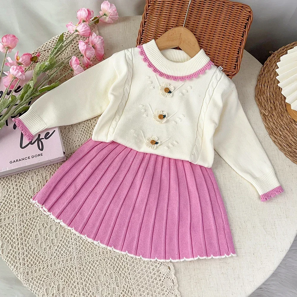 Pink Cute 2-6 Year Old Girl Knitted Suit Three Dimensional Flower Color Blocked Lace Top+Half Skirt Two Piece Set Autumn