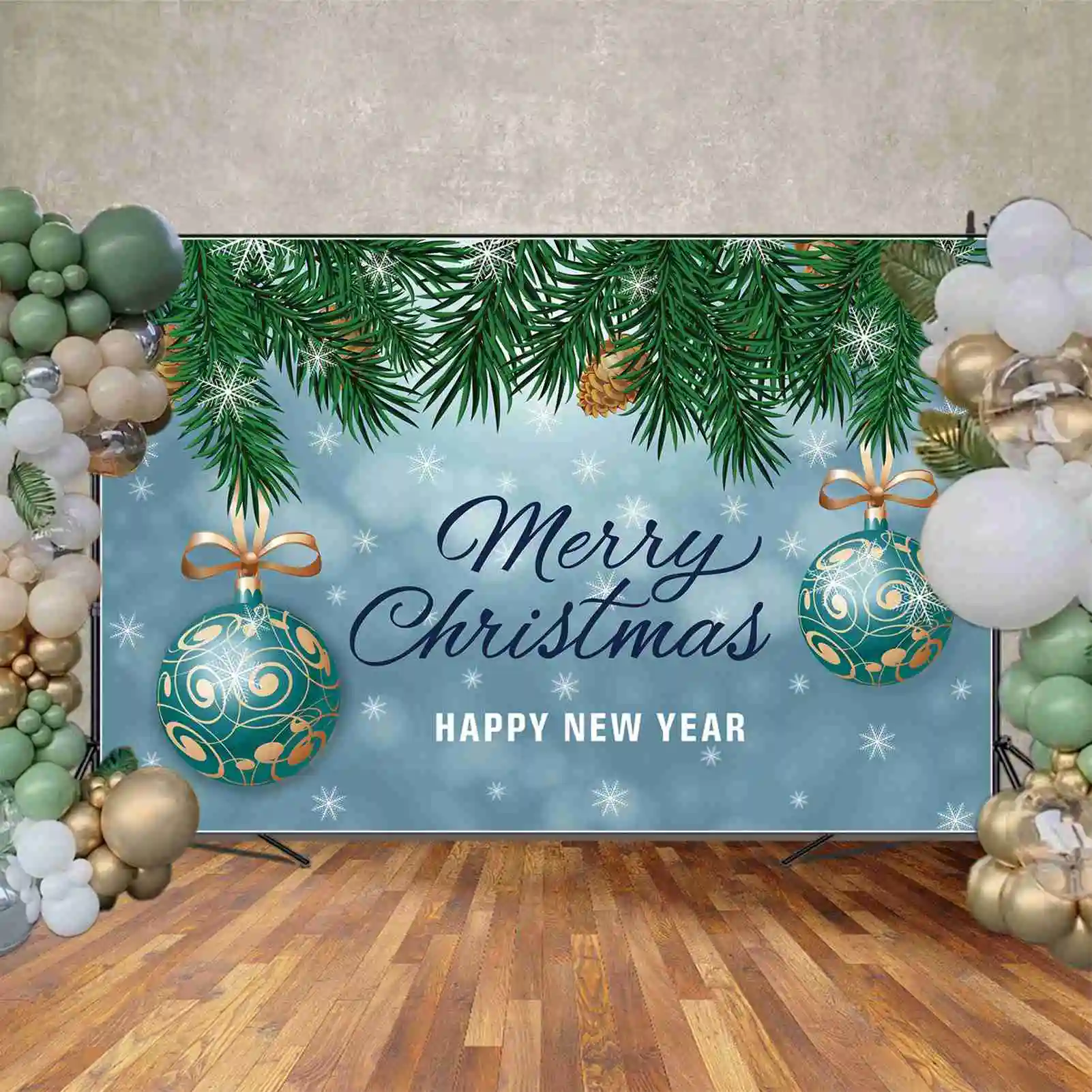 MOON.QG-Feliz Natal Banner Backdrop, Céu De Neve Azul, Decoração Do Partido Do Bebê, Fundo Verde Pinheiro Bola De Floco De Neve, Photo Booth