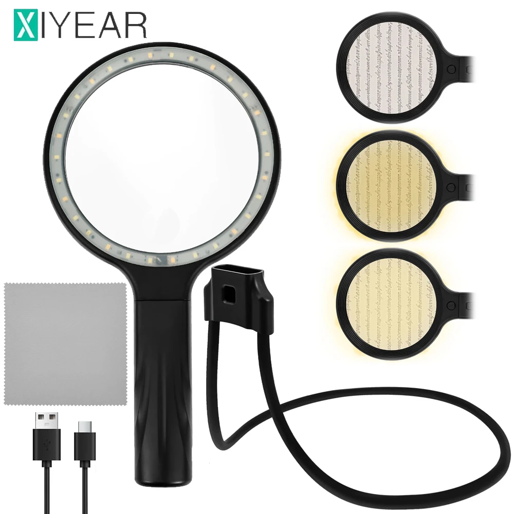 

Neck Wear Magnifying Glass With Light 5.5 Inch 5X Handheld Lighted Magnifier for Reading Books Close Work
