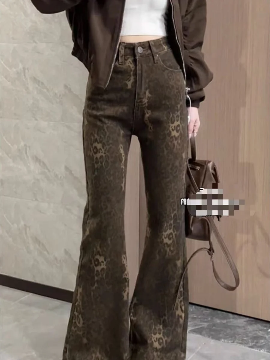 High Waist Bell Bottom Denim Jeans Women's American Style Leopard Print Fall New Small Design Sense Draping Bell Pants