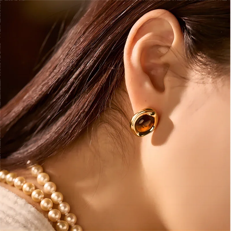 Fashion 18K Gold Plated Irregular Geometric Stud Earrings Waterproof Stainless Steel Nature Stone Pearl Earrings Jewelry
