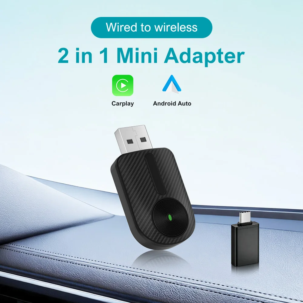 VCARLINKPLAY, dispositivo intelligente 2 in 1 per CarPlay e Android Auto, con connessione wireless, Bluetooth 5.4 e Wi-Fi 6.0. Converte il sistema CarPlay cablato originale in un sistema wireless con